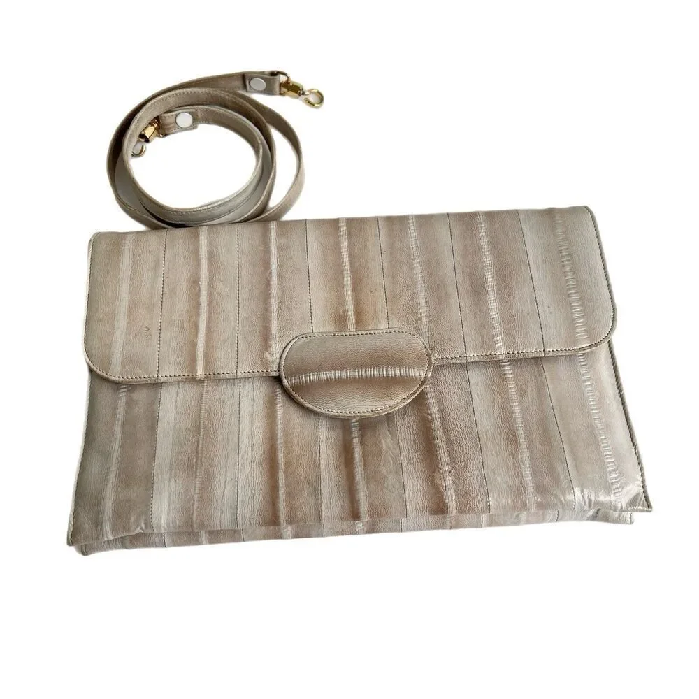 Vintage Shoulder Bag Clutch Genuine Eel Skin Leather Gray Soft Smooth 80’s